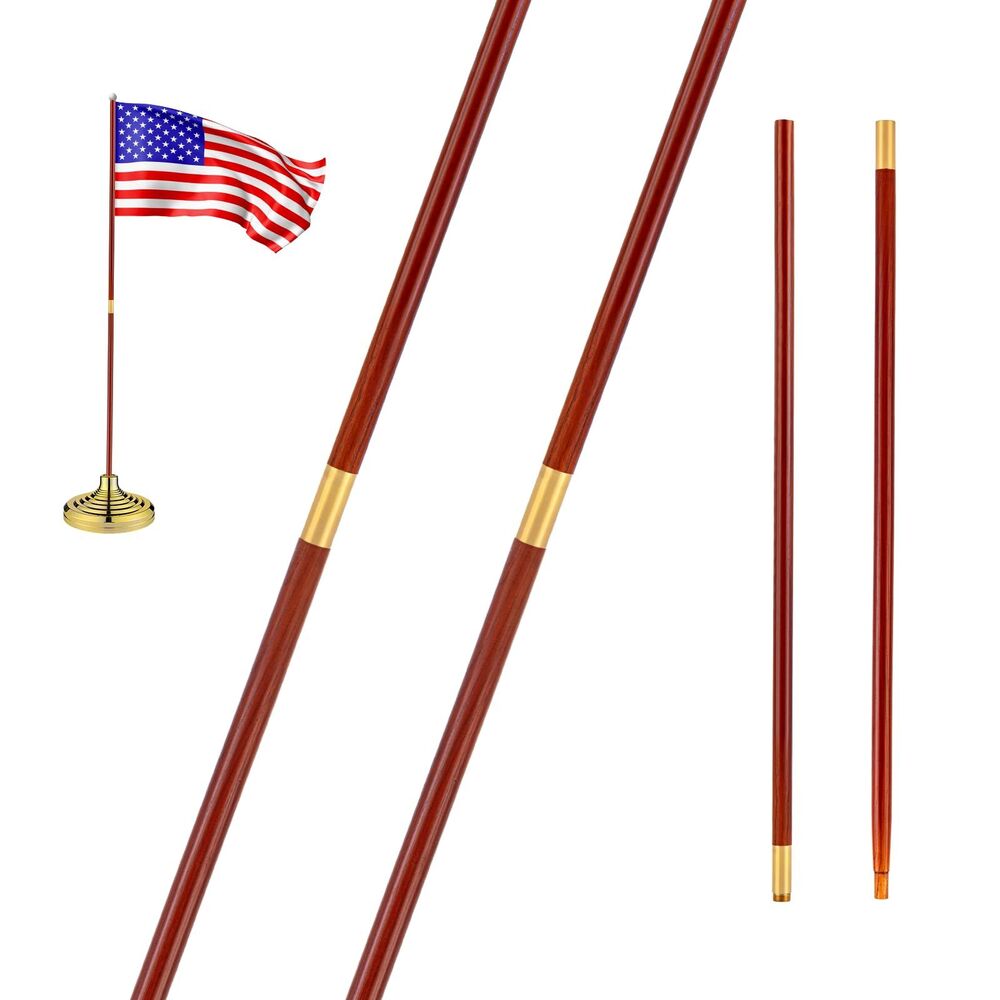 2 Pcs Indoor or Parade Flagpole Solid Wooden Flag Pole, Brown & Gold (8 ft)